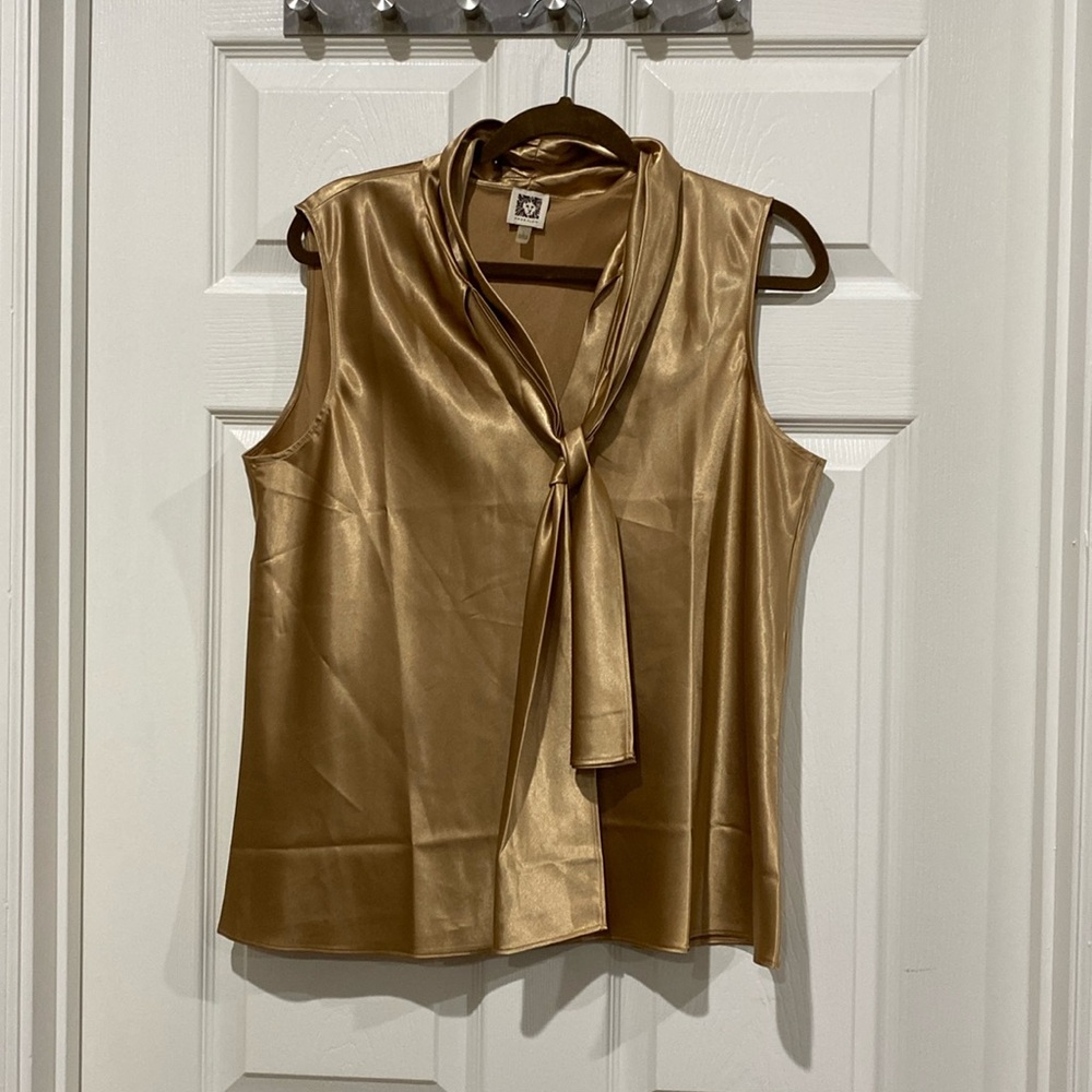 Anne Klein Gold Sleeveless Bow Neck Blouse